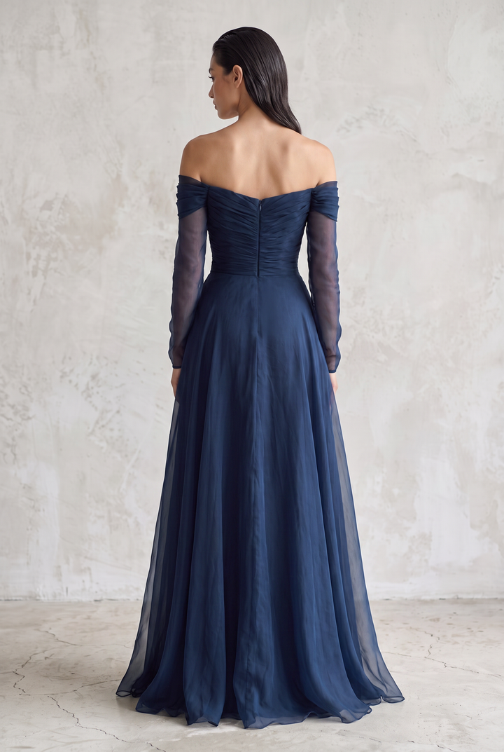 Dark blue chiffon organza off-shoulder fitted maxi dress - back view