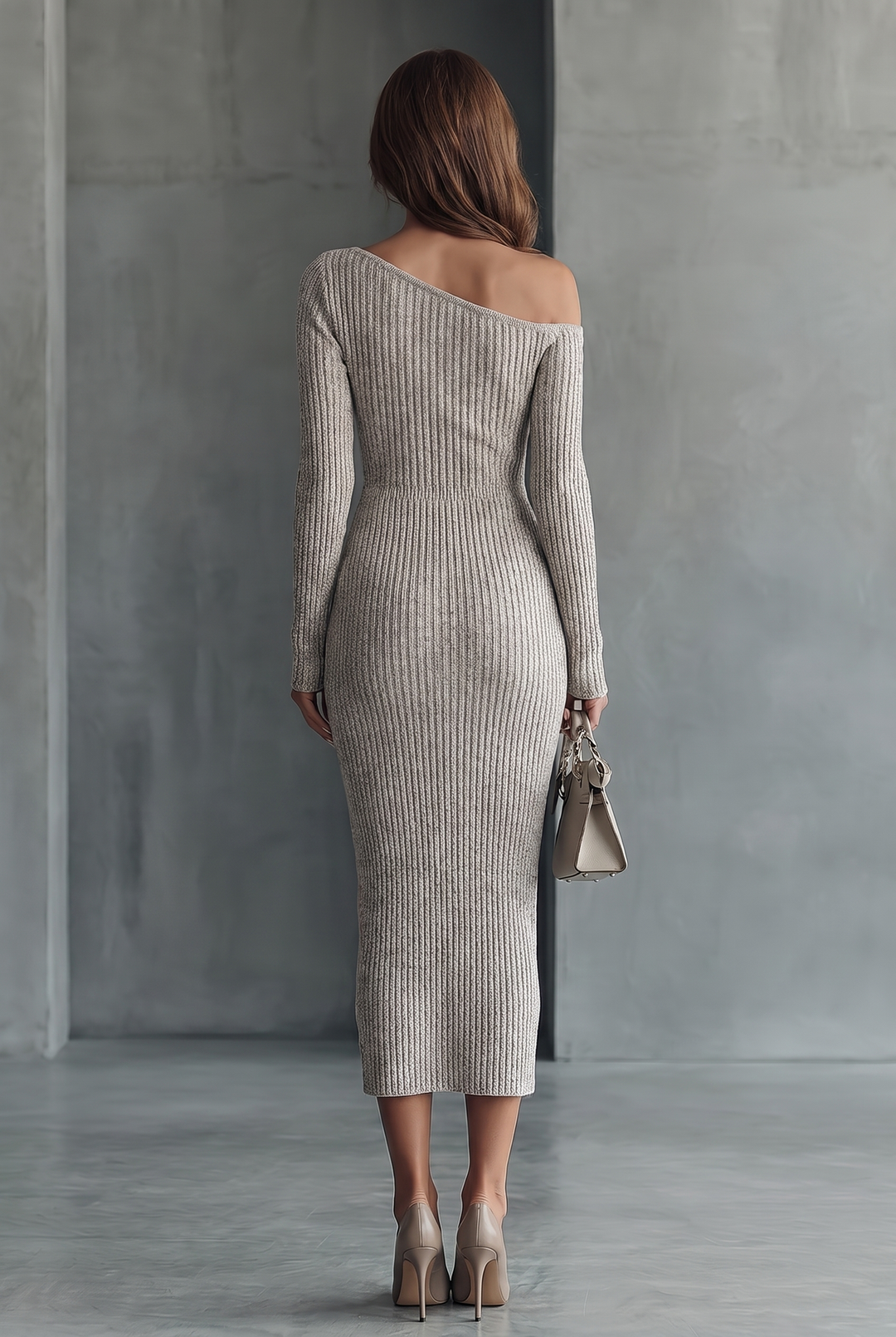 Gray one-shoulder knitted dress - back view