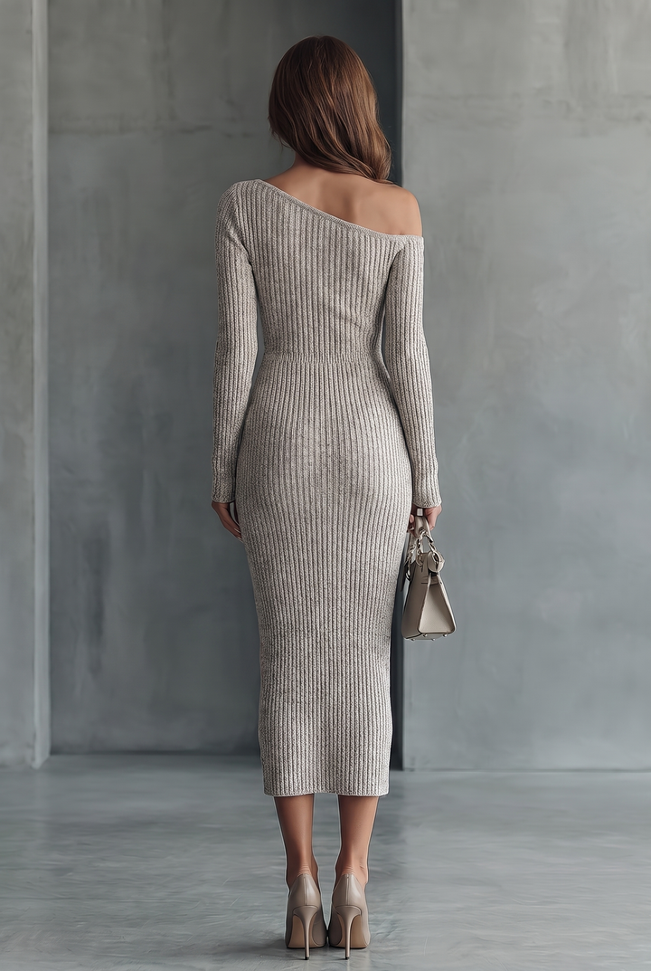 Gray one-shoulder knitted dress - back view