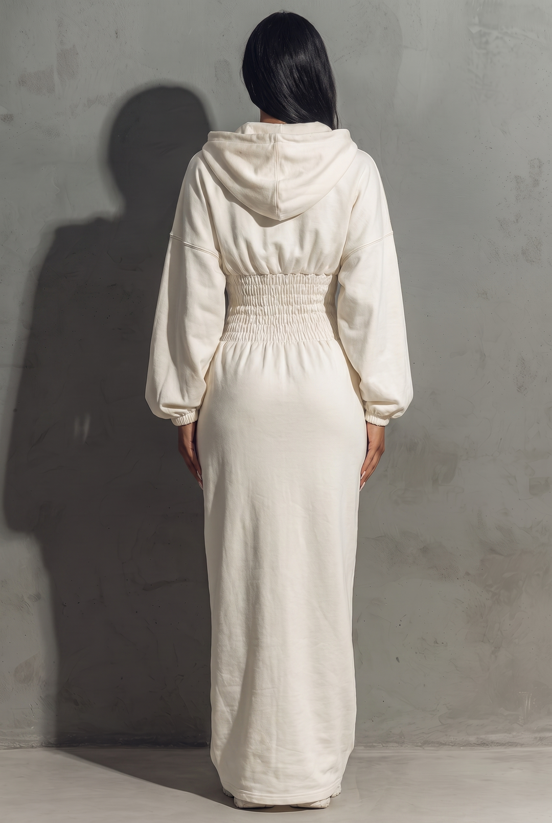 Ivory white hooded sweatshirt maxi dress with waist shirring - back view