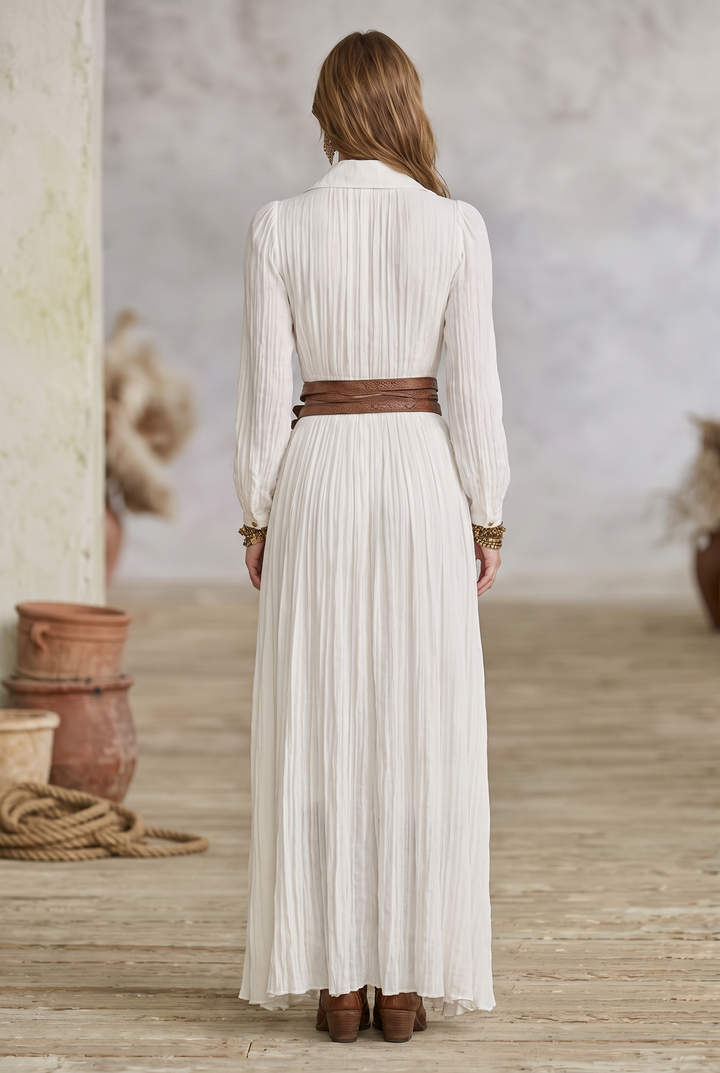 White imitation cotton and linen pleated lapel maxi dress - back view