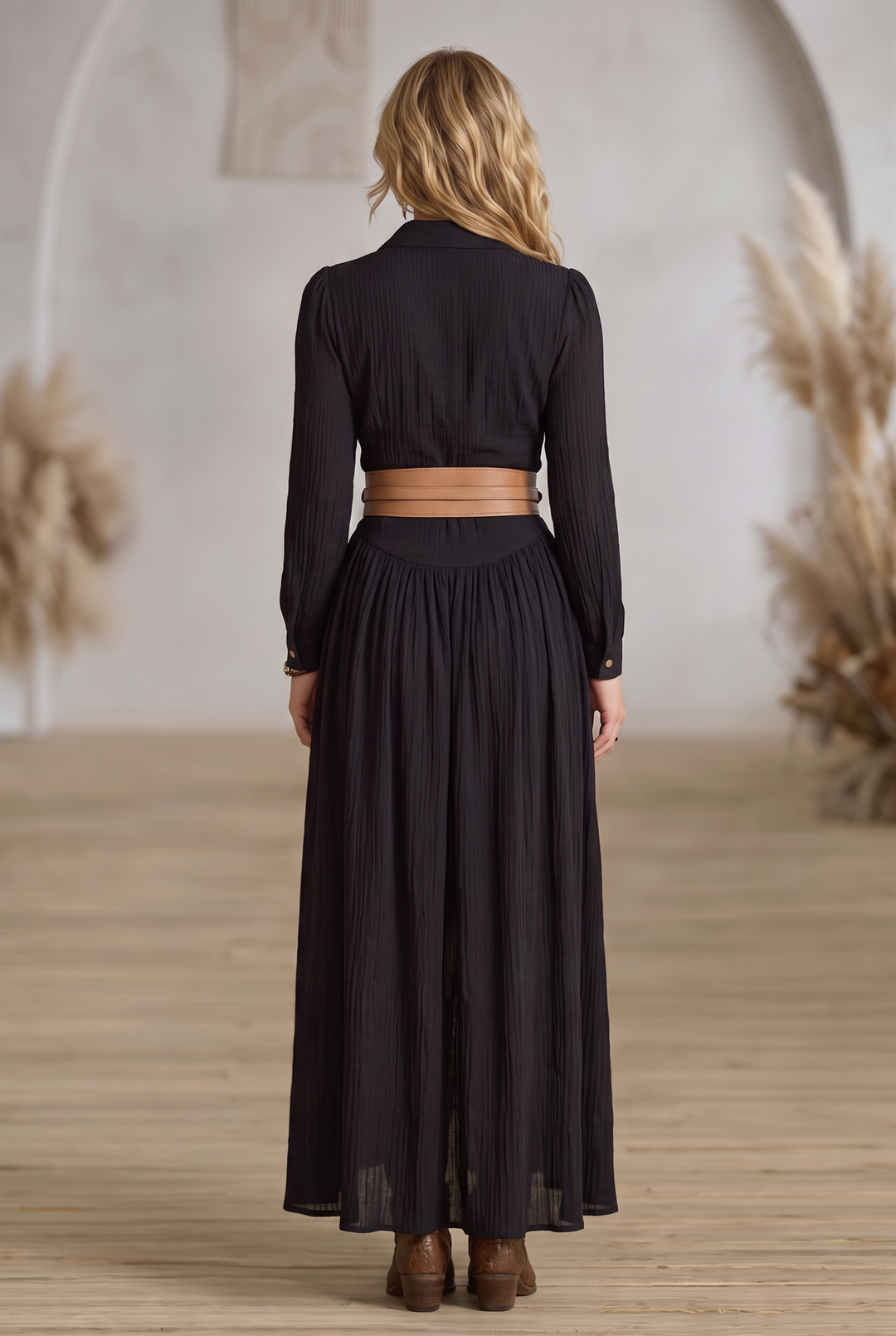 Black pleated lapel single-breasted maxi dress - back view