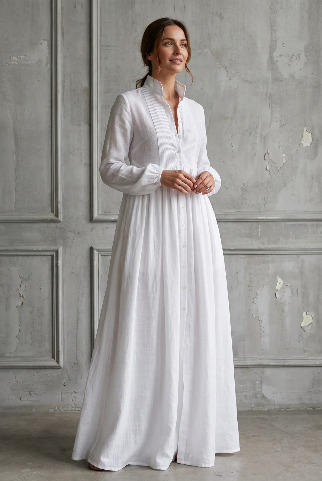 White cotton linen patchwork maxi dress with stand-up collar - front view