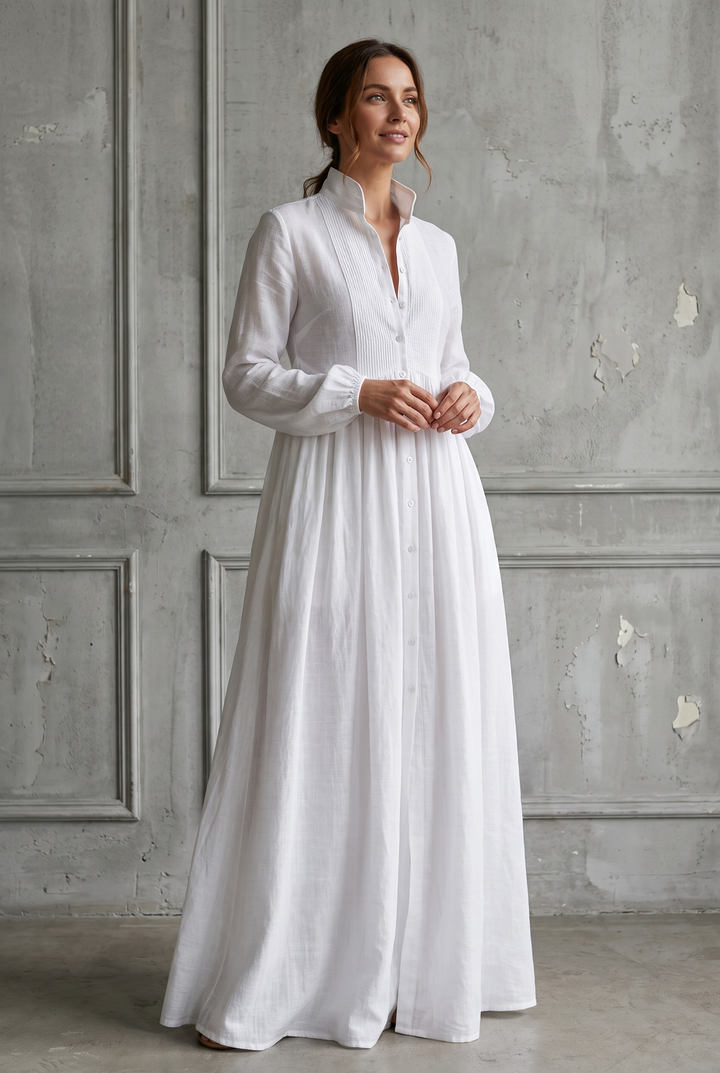 White cotton linen patchwork maxi dress with stand-up collar - front view