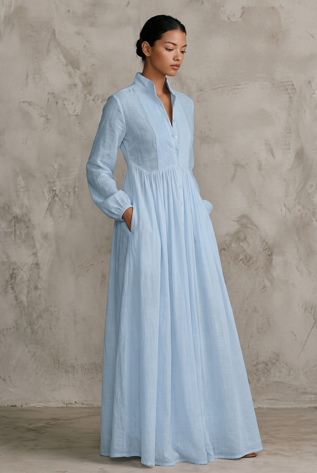 Cotton linen patchwork maxi dress in blue