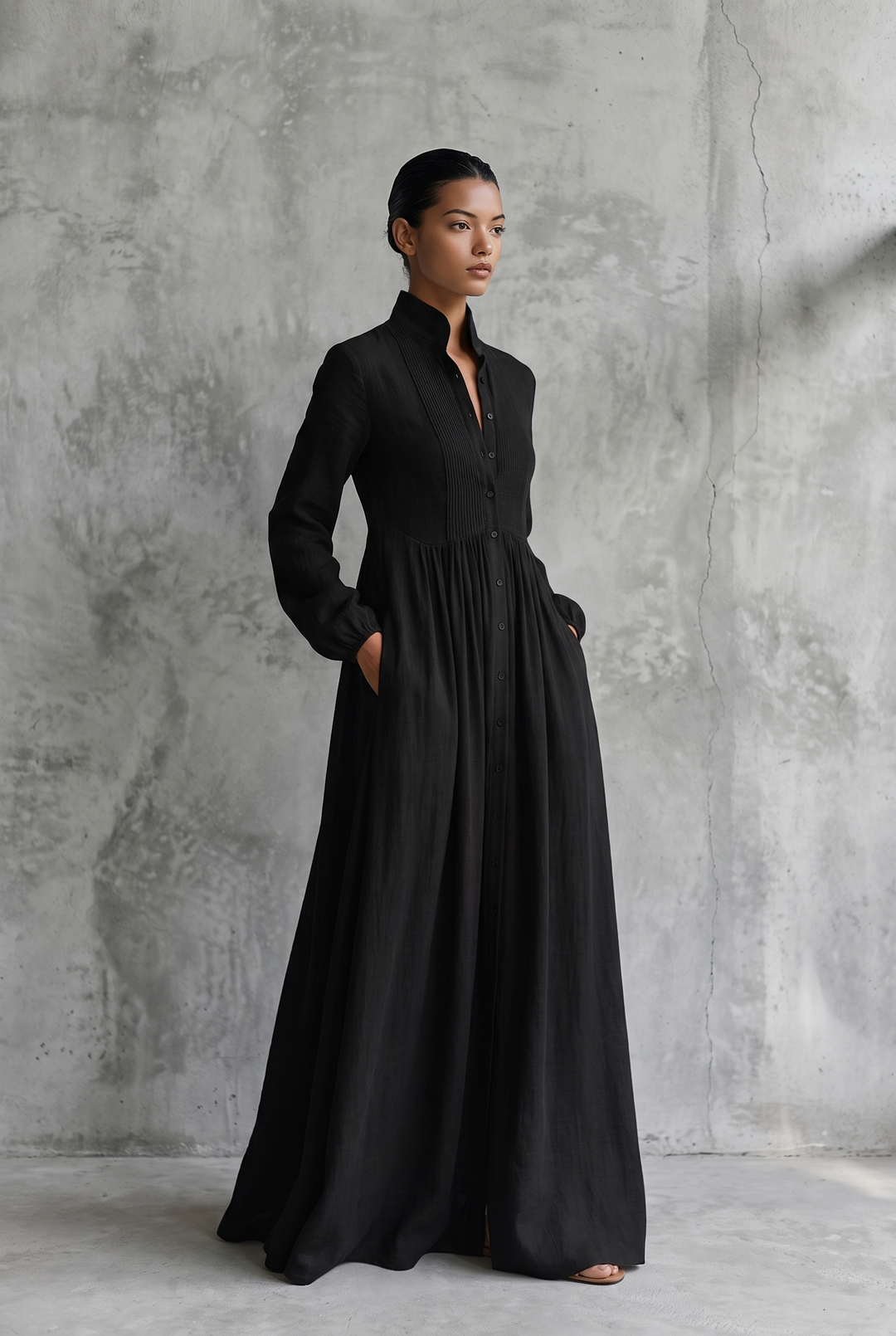 Cotton linen patchwork maxi dress in black