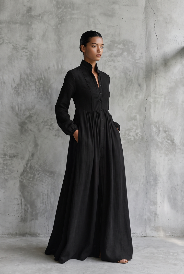 Cotton linen patchwork maxi dress in black