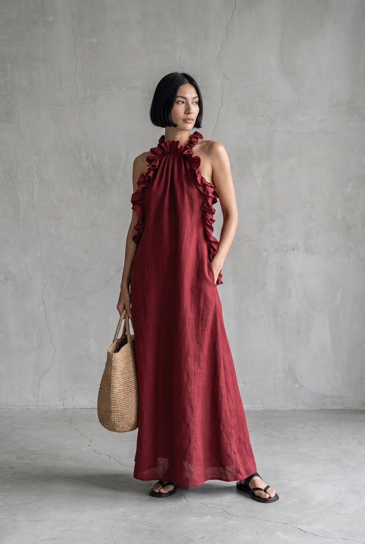 Linen blend sleeveless maxi dress with ruffle details in red