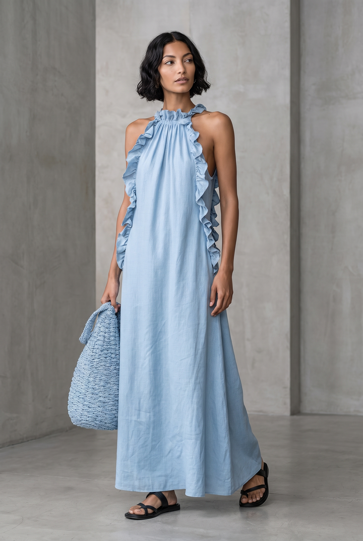 Linen blend sleeveless maxi dress with ruffle details in light blue