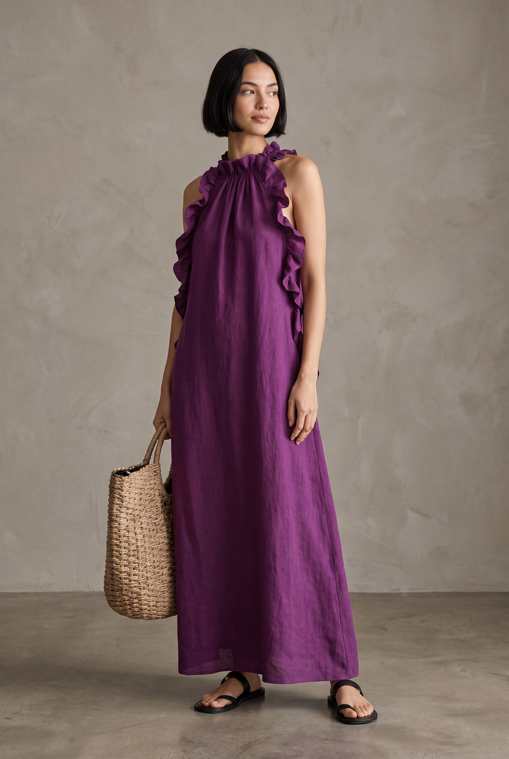 Linen blend sleeveless maxi dress with ruffle details in purple