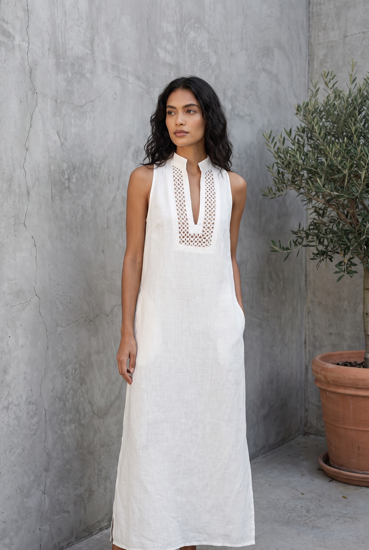 White sleeveless maxi dress with cutout neckline - front view