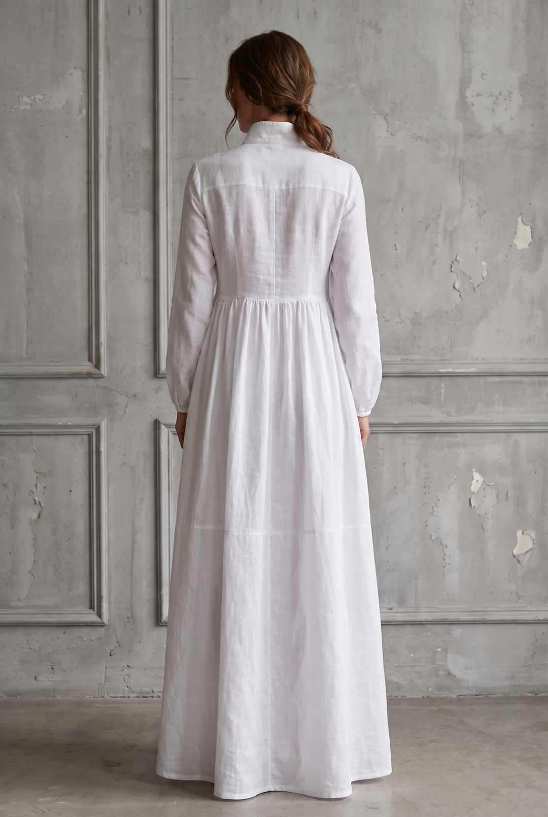 White cotton linen patchwork maxi dress with stand-up collar - back view