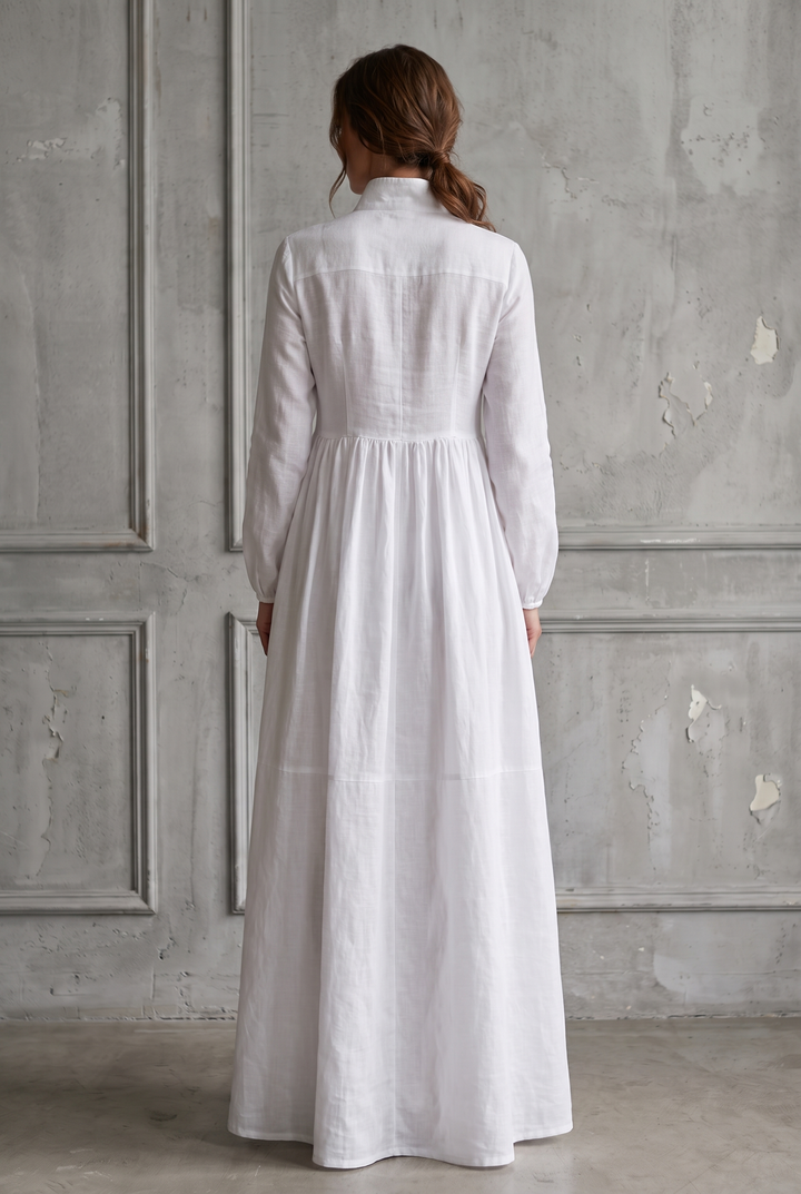 White cotton linen patchwork maxi dress with stand-up collar - back view