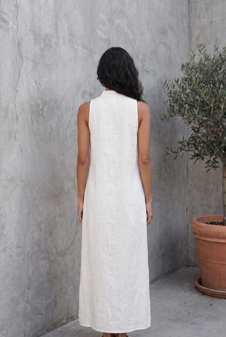 White sleeveless maxi dress with cutout neckline - back view