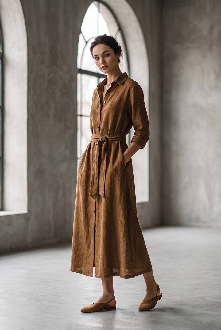 Brown shirt maxi dress with collar and button front - front view