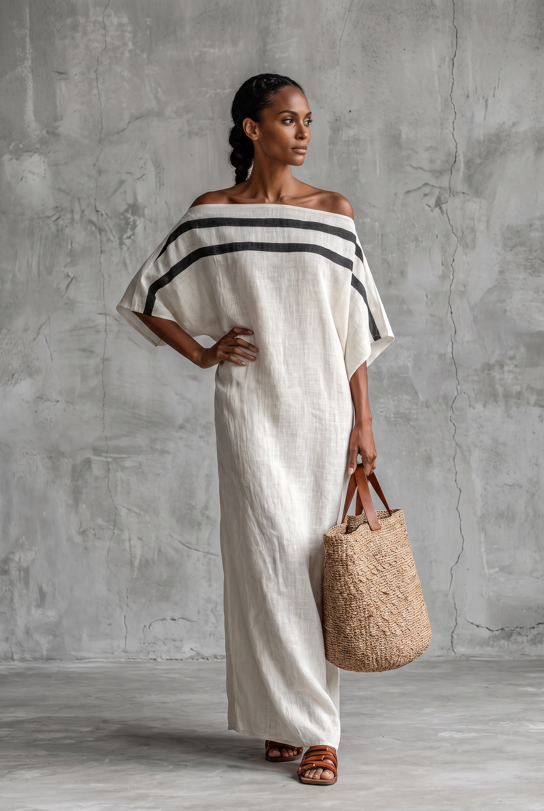 White linen blend off-the-shoulder maxi dress with batwing sleeves - front view