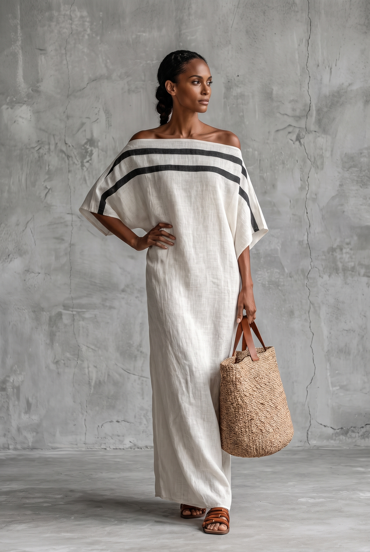 White linen blend off-the-shoulder maxi dress with batwing sleeves - front view