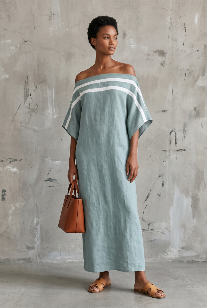 Linen blend off-the-shoulder maxi dress in light blue