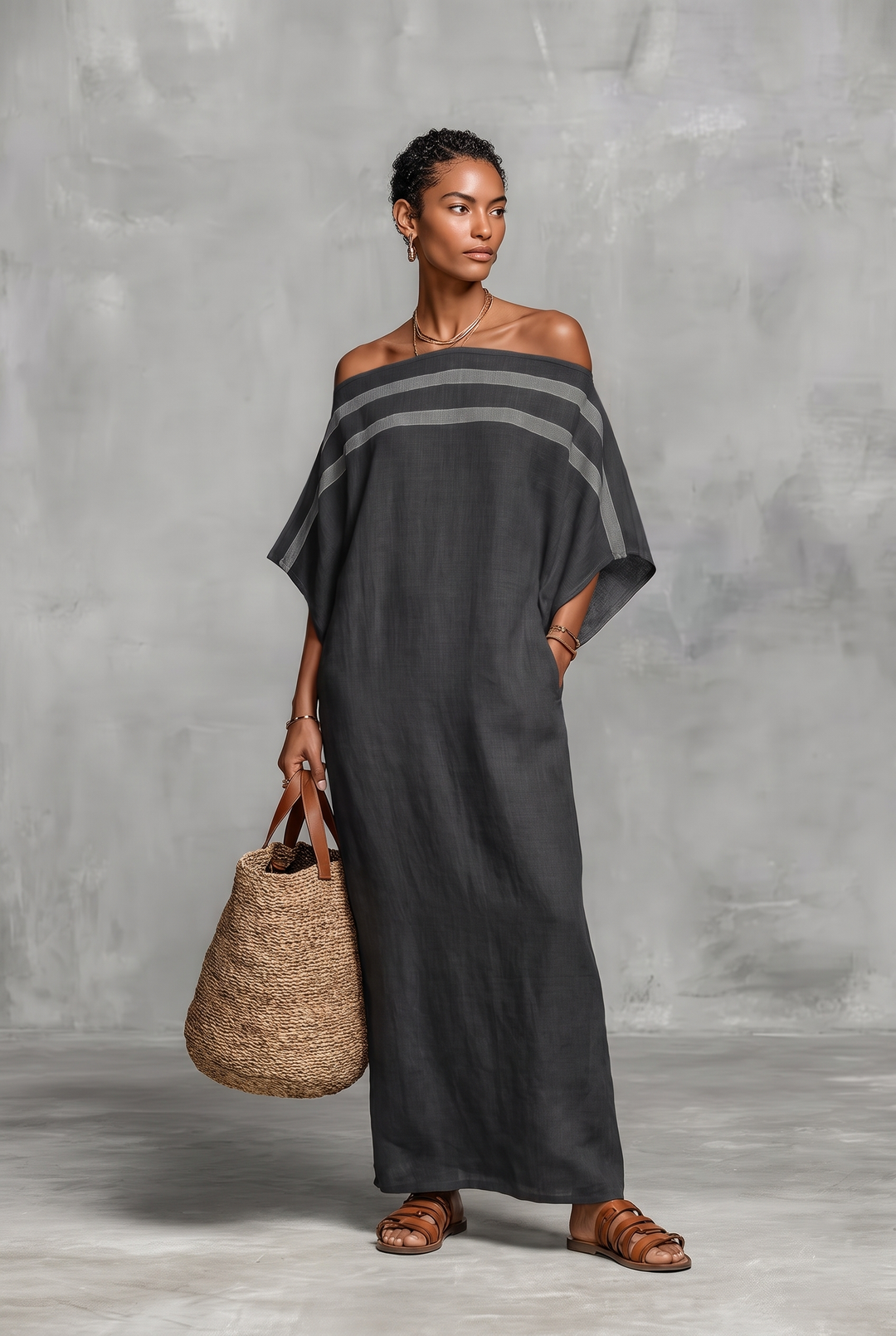 Linen blend off-the-shoulder maxi dress in dark gray