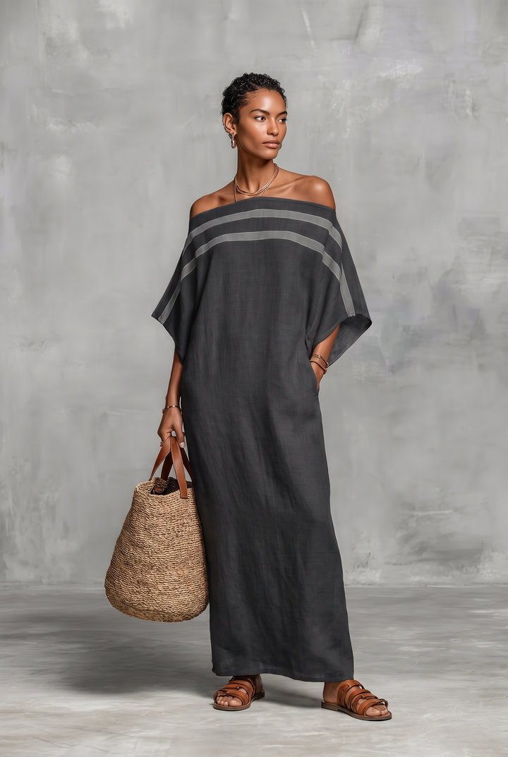 Linen blend off-the-shoulder maxi dress in dark gray