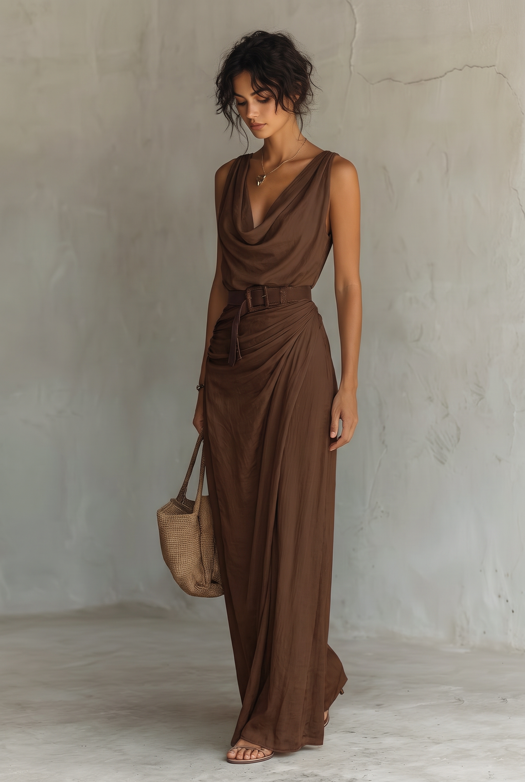 Brown cowl neck sleeveless belted maxi dress - front view