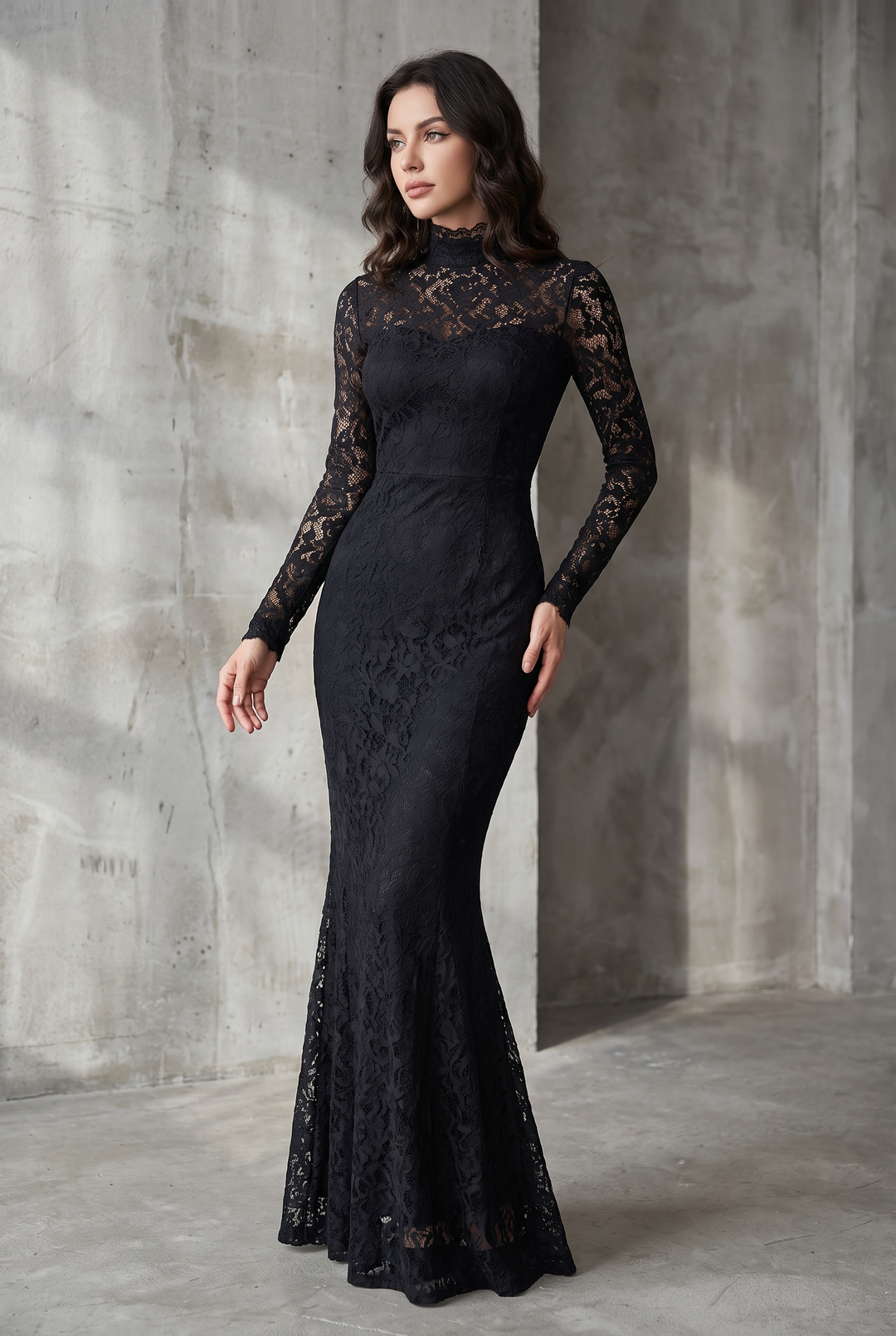 Black stretch lace fishtail maxi dress - front view
