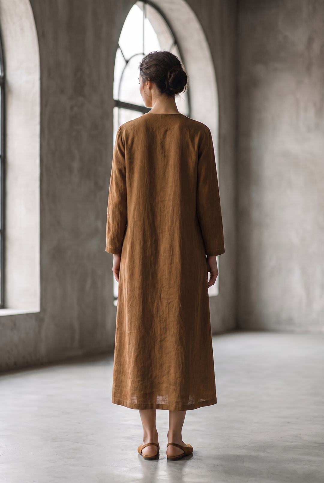 Brown shirt maxi dress with collar and button front - back view