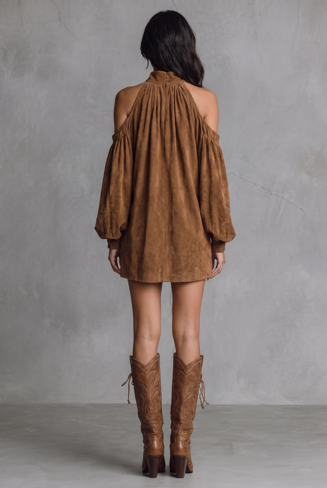 Brown faux suede mini dress with halter neck and lantern sleeves - back view