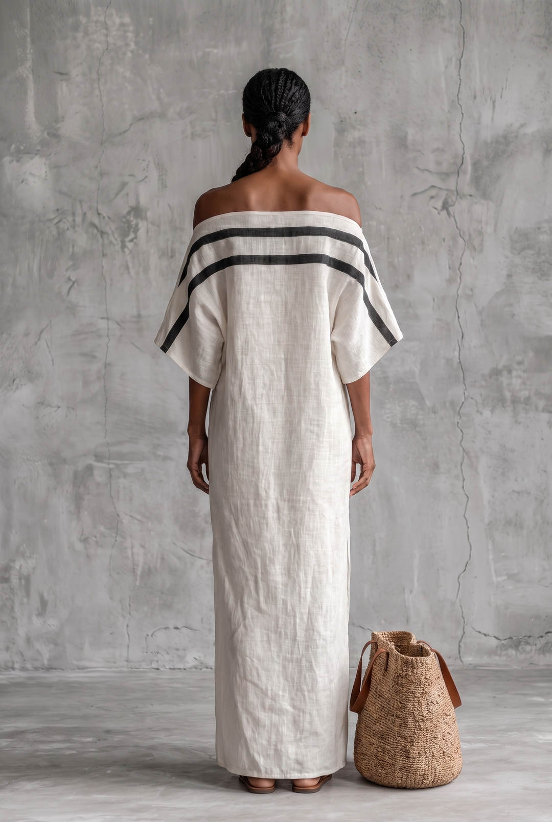White linen blend off-the-shoulder maxi dress with batwing sleeves - back view