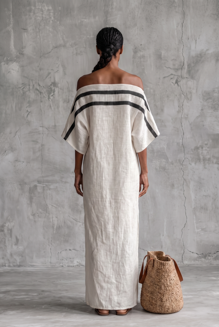 White linen blend off-the-shoulder maxi dress with batwing sleeves - back view