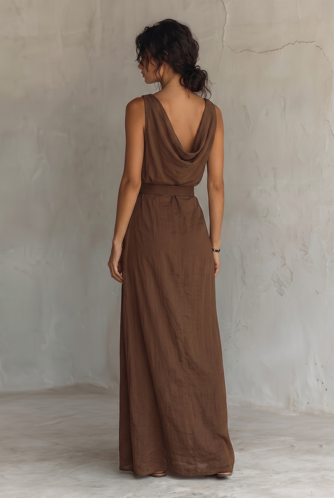 Brown cowl neck sleeveless belted maxi dress - back view