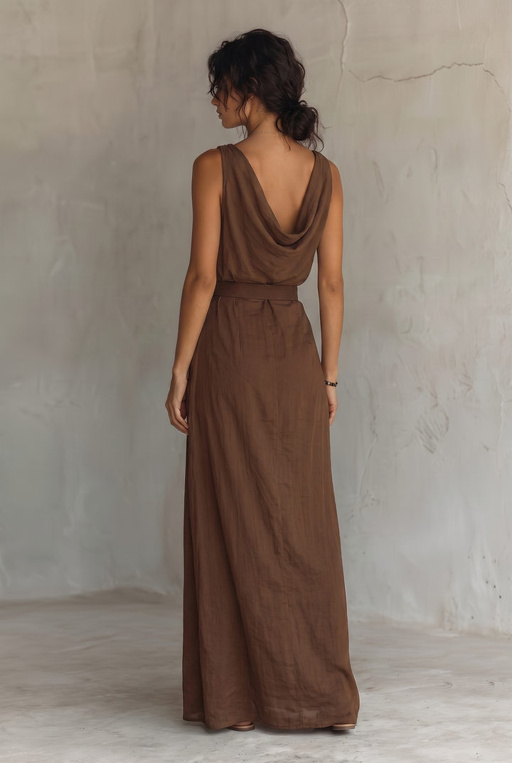 Brown cowl neck sleeveless belted maxi dress - back view