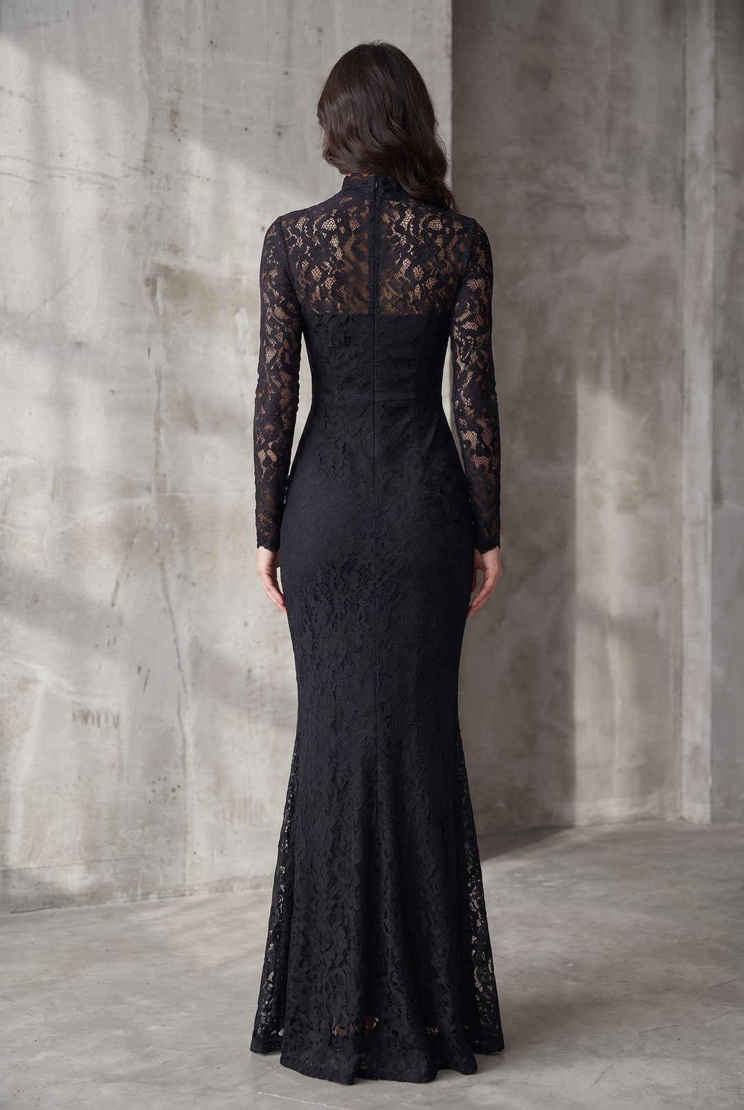 Black stretch lace fishtail maxi dress - back view
