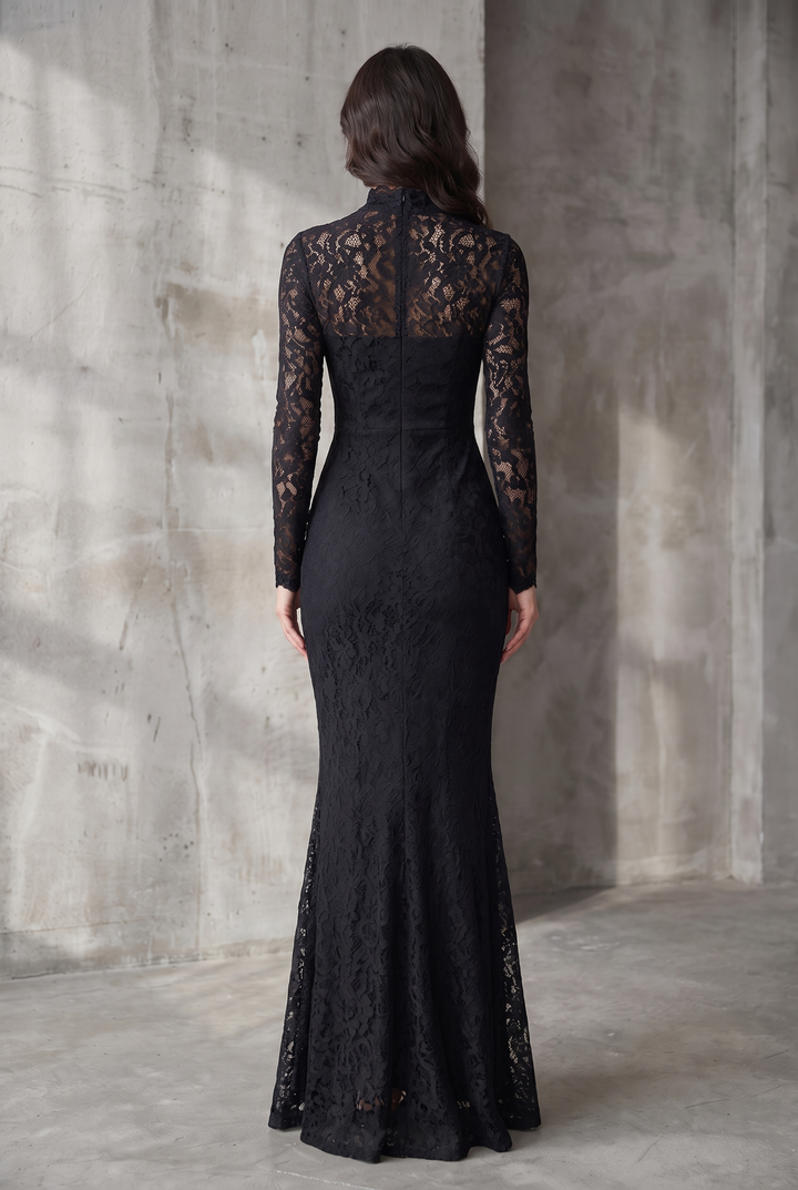 Black stretch lace fishtail maxi dress - back view