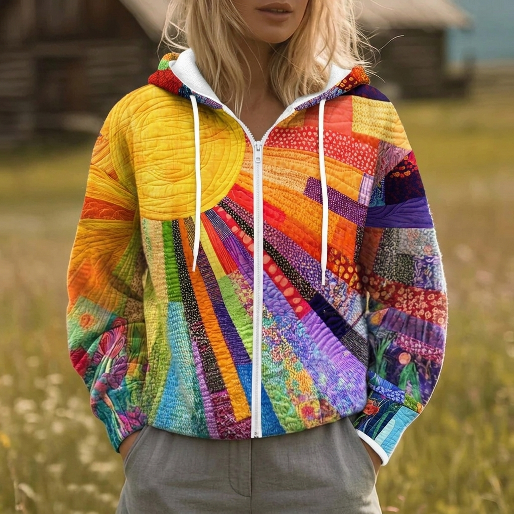 Quilted Zip Up Hoodie for Women – Sunburst Print Cotton Hooded Jacket with Pockets, Cozy Fall Layer