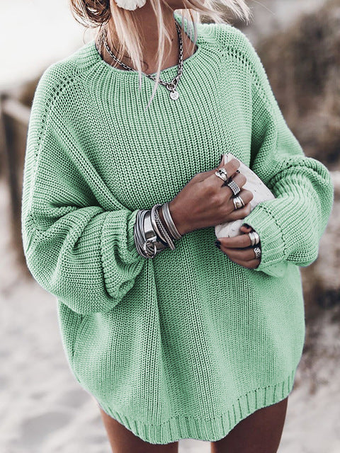 Comfortable Crewneck Sweater for Women with Round Neck Balloon Sleeve Ribbed Cuff Oversized Knit Style