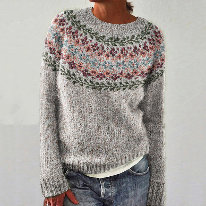 Comfortable Fair Isle Crewneck Sweater for Women with Long Sleeve Relaxed Oversized Knit Style