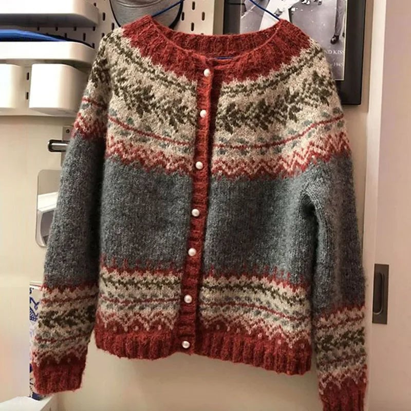 Nordic Fair Isle cardigan for women in charcoal grey