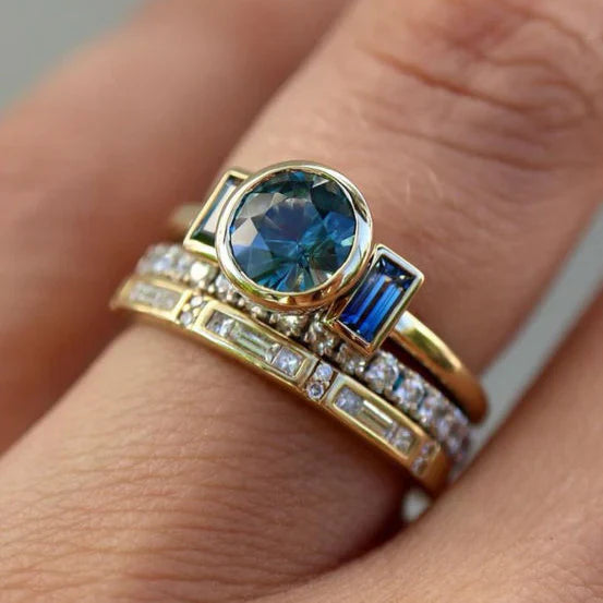 Antikes Blau Elegantes Ring-Set | Gold