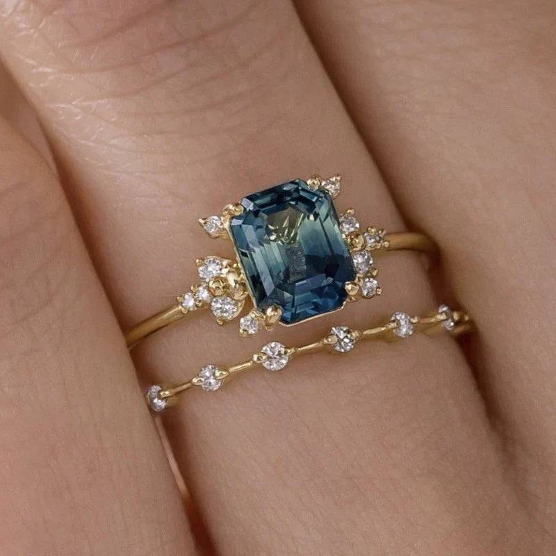 Kristall Blau Glanz Ring-Set | Gold