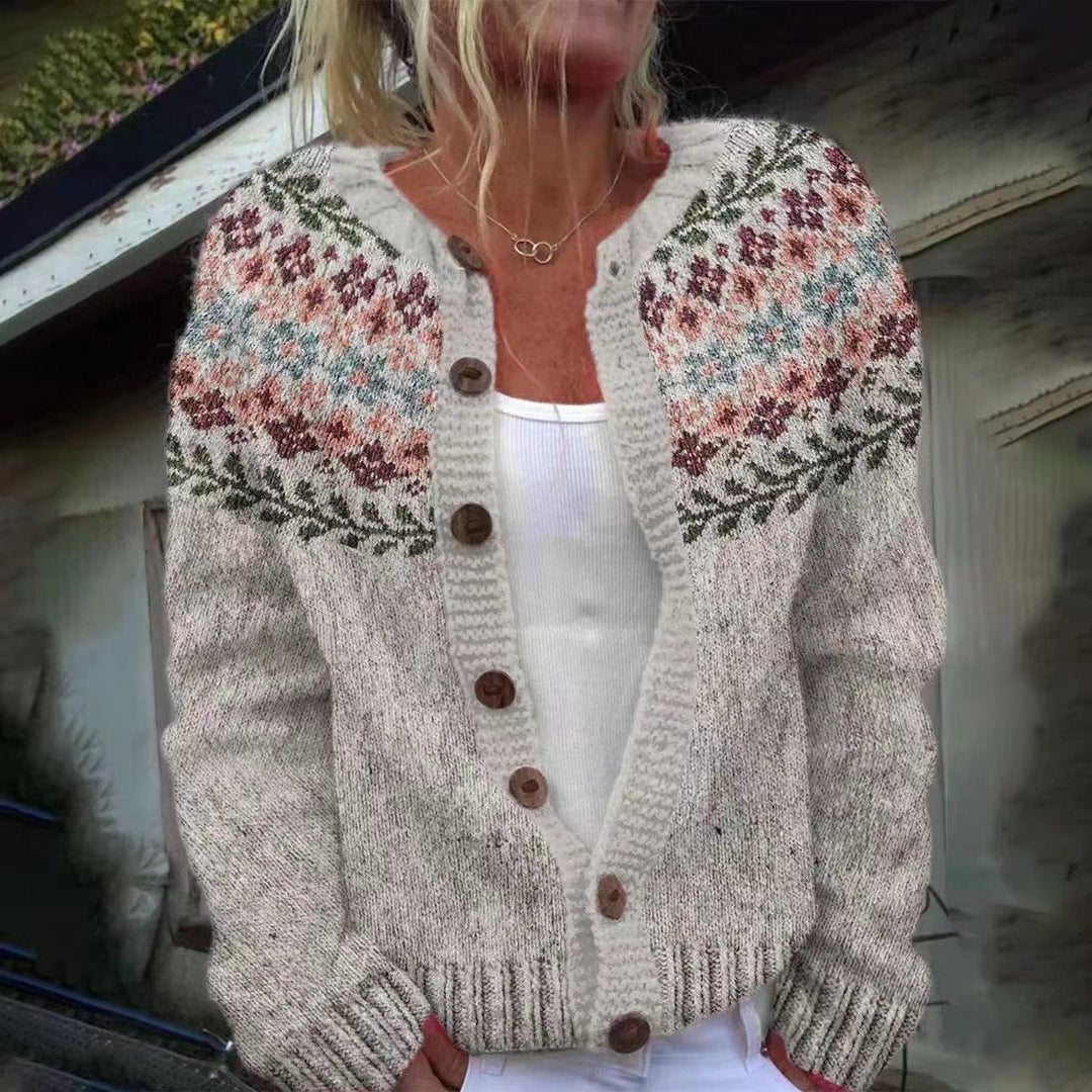 Cream chunky knit cardigan with floral Fair Isle yoke
