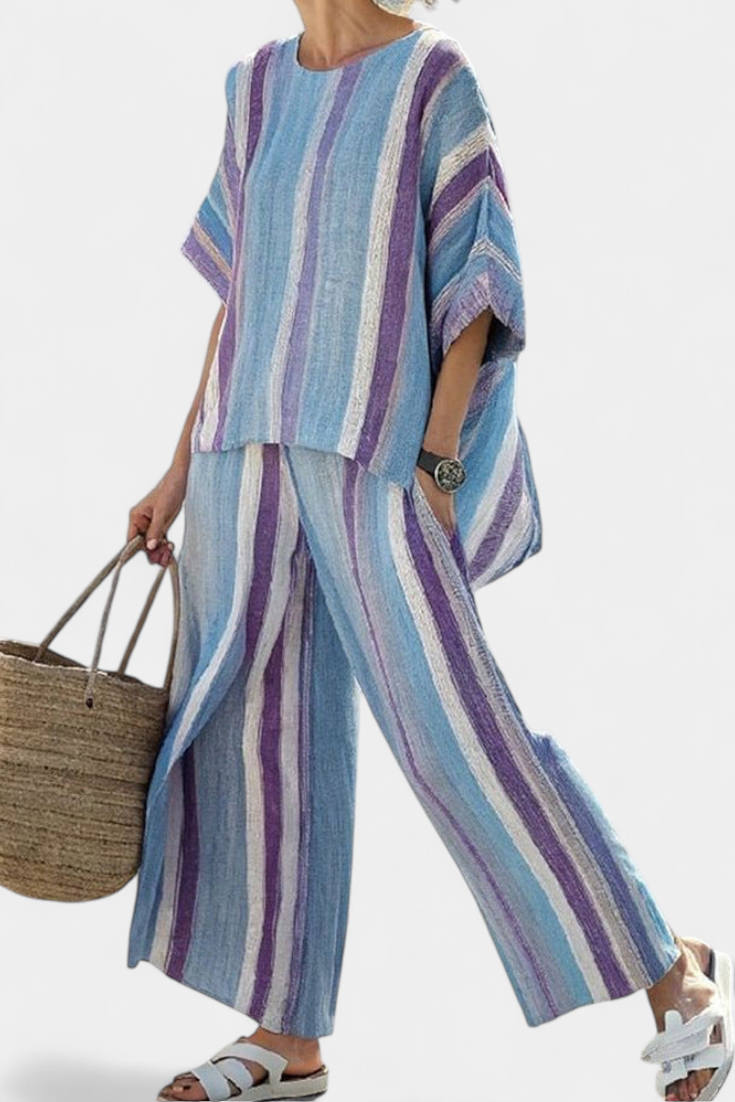 Faelith | Elegantes pastellfarbenes Mauve-Oberteil & gestreifte Leinenhose