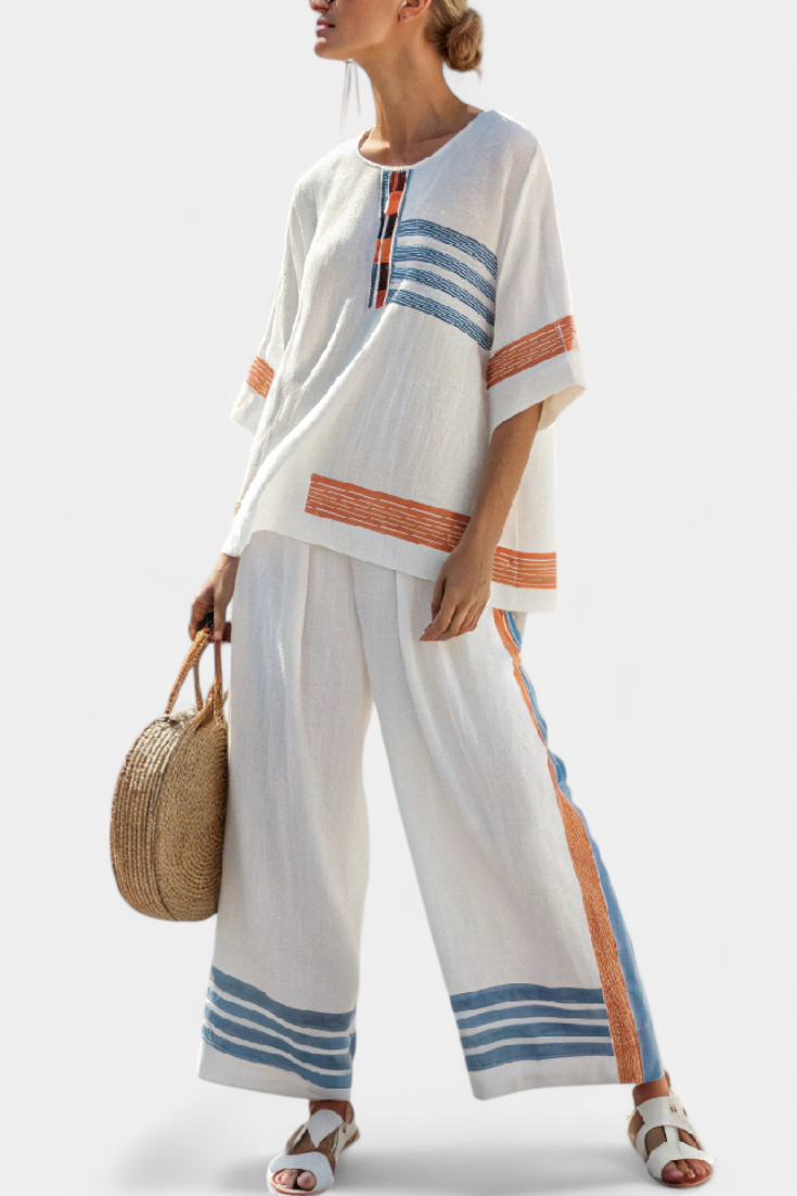 Marcellin | Elegantes blau-orange gestreiftes Oberteil & Hose