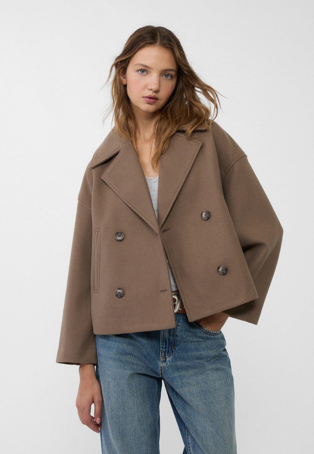 Elegant Wool Peacoat Jacket for Women with Notch Lapel Long Sleeve Double Breasted Cropped Oversized Style