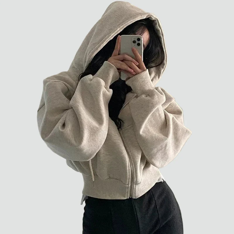 Comfortable Fleece Zip Up Hoodie for Women with Drawstring Hood Long Sleeve Cropped Oversized Casual Style