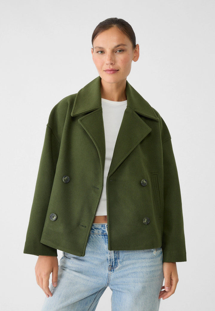 Elegant Wool Peacoat Jacket for Women with Notch Lapel Long Sleeve Double Breasted Cropped Oversized Style