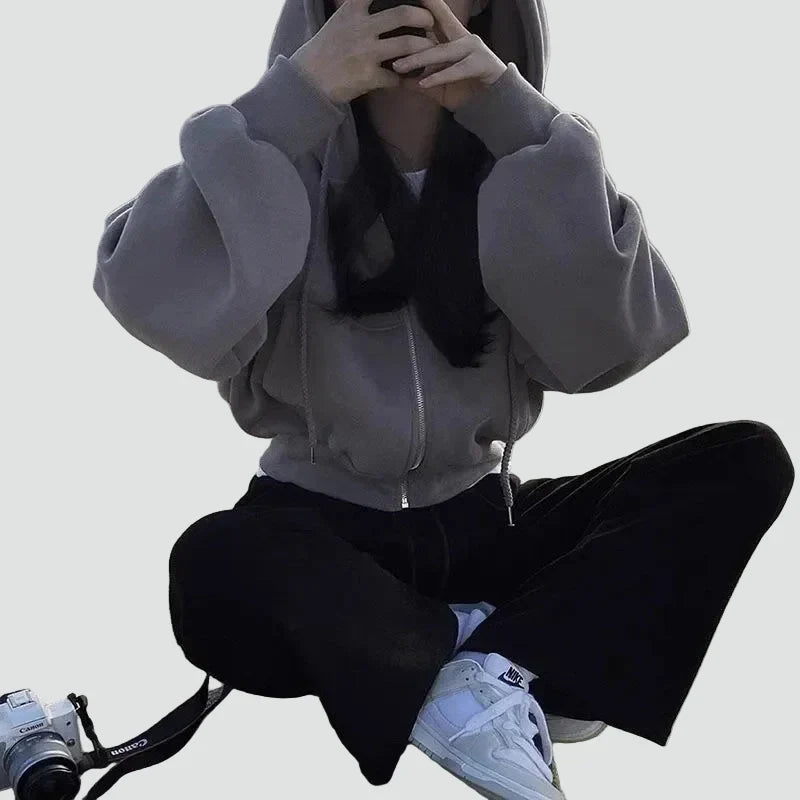 Comfortable Fleece Zip Up Hoodie for Women with Drawstring Hood Long Sleeve Cropped Oversized Casual Style