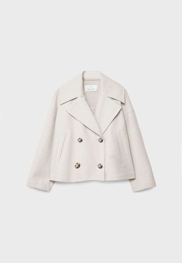 Elegant Wool Peacoat Jacket for Women with Notch Lapel Long Sleeve Double Breasted Cropped Oversized Style