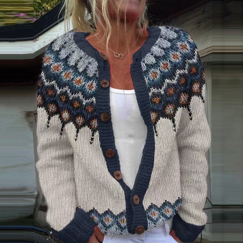 Vintage cream and navy patterned cardigan