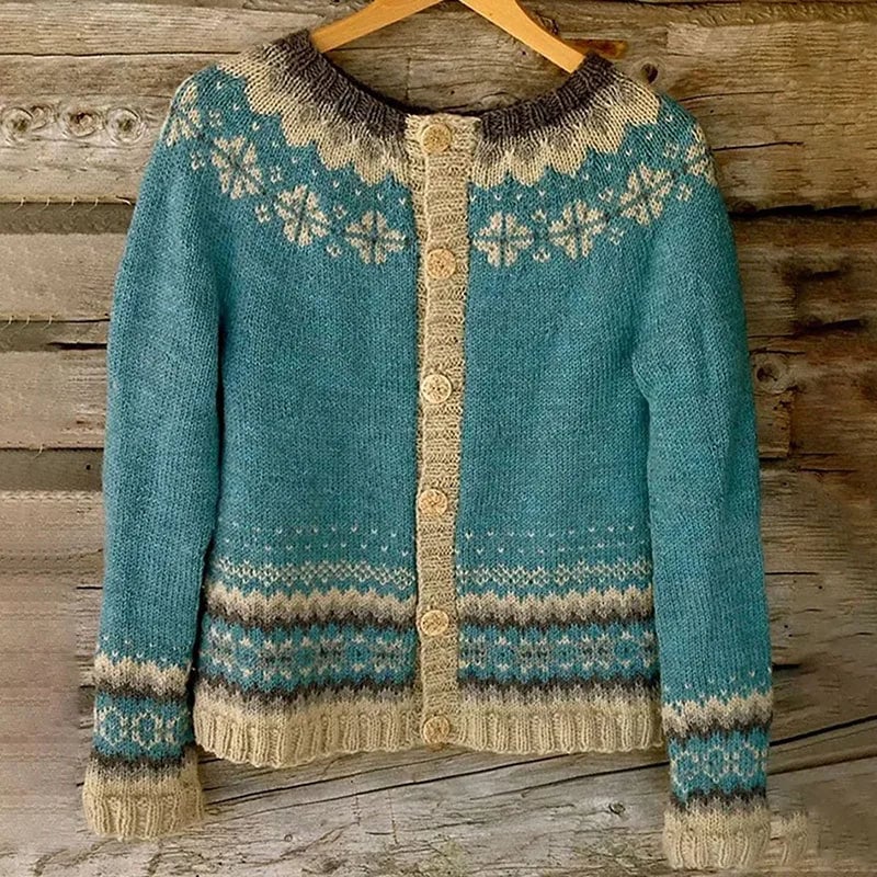 Teal chunky knit cardigan with patterned hem